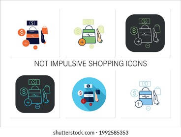 Not impulsive shopping icons set. Avoiding impulse buying.Thoughtful spending money. Purchase only necessary products.Collection of icons in linear, filled, color styles.Isolated vector illustrations