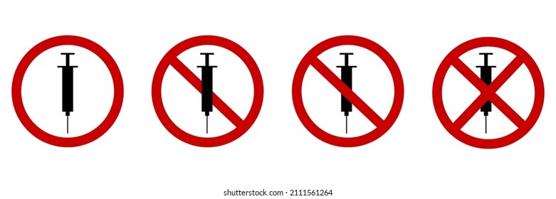 Not injection syringe. Prohibited sign. Stop banner. Warning icon. Medical poster. Vector illustration. Stock image. 