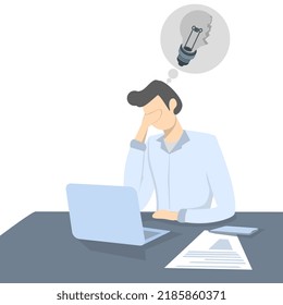 Not inspired or motivated after a business failure, exhausted or exhausted by a crisis, no new inspirational ideas or concepts, depressed businessman in front of laptop with broken light bulb idea