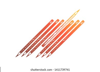 Not like everyone else, difference, otherness, social isolation and dissent. One pencil turning to another side among others, outcast, discrimination concept sketch. Hand drawn vector illustration