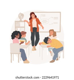 Not listening to a teacher isolated cartoon vector illustration. Kid lays head on desk, children having fun at last row, annoyed teacher with unhappy face, misbehaving at school vector cartoon.