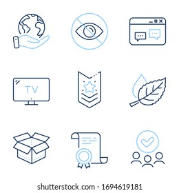 Not looking, Leaf and Open box line icons set. Diploma certificate, save planet, group of people. Shoulder strap, Tv and Browser window signs. Eye care, Nature leaves, Delivery package. Vector