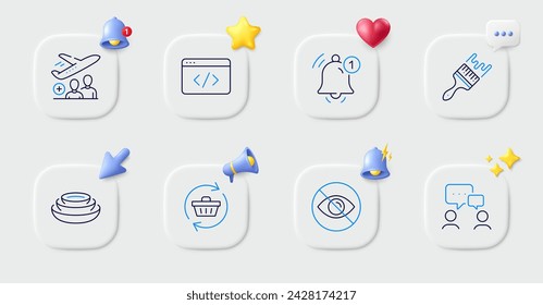 Iconos de línea Sin mirar, Pasajero y Recordatorio. Botones con campana 3d, voz de chat, cursor. Pack of Brush, script Seo, icono de chat de personas. Refrescar carrito, pictograma de platos. Vector