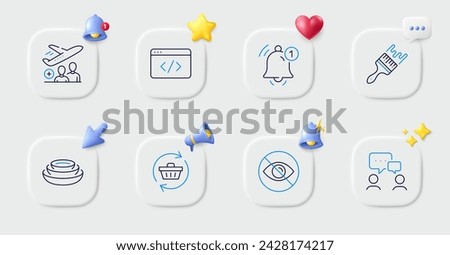 Not looking, Passenger and Reminder line icons. Buttons with 3d bell, chat speech, cursor. Pack of Brush, Seo script, People chatting icon. Refresh cart, Dishes pictogram. Vector