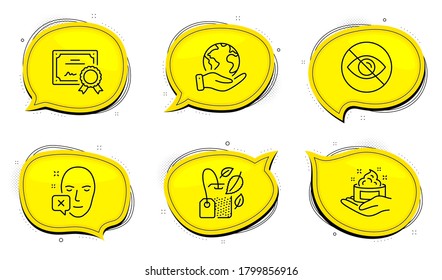Not looking sign. Diploma certificate, save planet chat bubbles. Skin care, Face declined and Mint bag line icons set. Hand cream, Identification error, Mentha tea. Eye care. Medical set. Vector