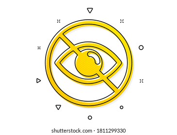 Not looking sign. No eye icon. Optometry vision care symbol. Yellow circles pattern. Classic not looking icon. Geometric elements. Vector