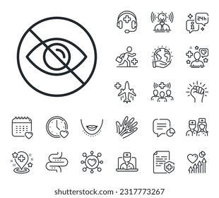 Not looking sign. Online doctor, patient and medicine outline icons. No eye line icon. Optometry vision care symbol. Not looking line sign. Veins, nerves and cosmetic procedure icon. Intestine. Vector