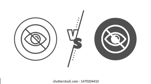 Not looking sign. Versus concept. No eye line icon. Optometry vision care symbol. Line vs classic not looking icon. Vector