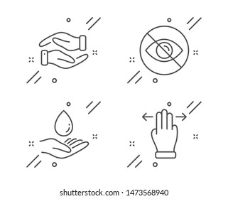 Not looking, Water care and Helping hand line icons set. Multitasking gesture sign. Eye care, Aqua drop, Charity palm. Swipe. People set. Line not looking outline icon. Vector