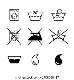 Not machine washable and hand wash instructions icons. Iron icon and no ironing alert. Water drop icons.