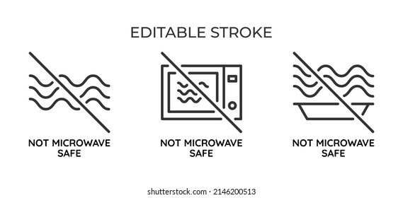 Not microwave safe symbol. For packaging or labeling, the suitability of the cookware for heating and cooking. Set of linear icons. Vector illustration.