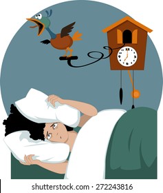 Not a morning person. Stressed woman lying in her bed early in the morning  burying her head in pillows, trying to muffle a cuckoo clock, vector illustration, no transparencies, EPS 8