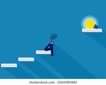 Not reaching the knowledge level. Sad businessman at the gap between the steps with light bulb