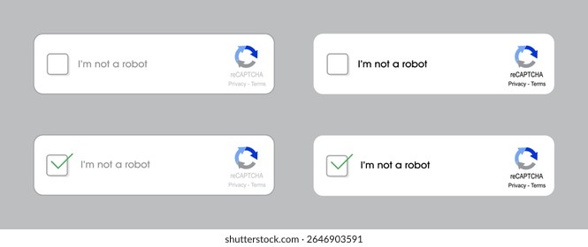 I'm not a robot button vector illustration. Captcha, I'm not a robot, Web button for Website or App. Confirmation, verify, Capta, reCAPTCHA, Confirmed reCaptcha. Website security. Internet safety. 