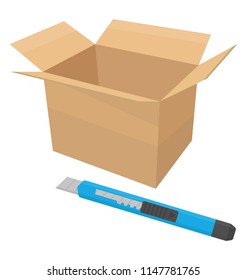 
A not sealed corrugated box placed near the cutter to show unpacking icon
