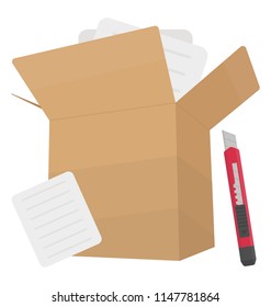 
A not sealed corrugated box placed near the cutter to show unpacking icon
