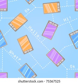 NOT SEAMLESS Pattern With Colorful Cartoon Cell Phones on Light Blue Background.