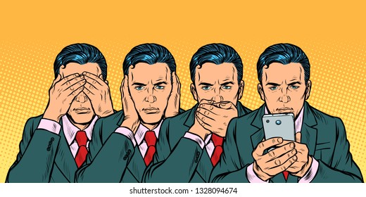 Not see say look, smartphone communication concept. Pop art retro vector illustration vintage kitsch 50s 60s