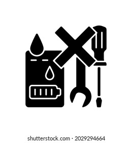 Nicht funktionsfähig, wenn Flüssigkeiten schwarz-glyph-manuelle Kennzeichnung Symbol ausgesetzt. Geschwollenes Ladegerät. Kurzschlussrisiko. Silhouette-Symbol auf weißem Raum. Vektorgrafik einzeln auf Produktanweisungen