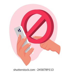 No un smartphone. Prohibición de usar un teléfono. No llames. Prohibición del uso del teléfono por el conductor. Signo rojo de prohibición. Diseño plano de Ilustración vectorial. Aislado sobre fondo blanco.