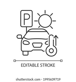 Not staying in parked car linear icon. High temperature in automobile on parking. Thin line customizable illustration. Contour symbol. Vector isolated outline drawing. Editable stroke