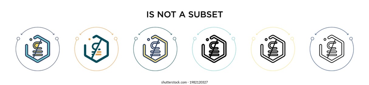 No es un icono de signo de subconjunto en el estilo relleno, delgado, contorno y trazo. La ilustración vectorial de dos colores y negro no es un subconjunto de diseños de iconos vectoriales se pueden usar para móviles, ui, web