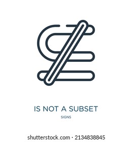 is not a subset symbol thin line icon. superset, precede linear icons from signs concept isolated outline sign. Vector illustration symbol element for web design and apps.