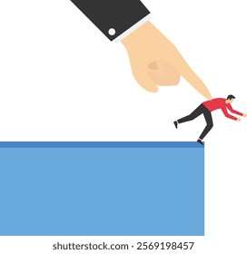 Not a suitable candidate. Businessman finger nudge employee over the abyss down. Business failure. Nudge. Flat vector illustration

