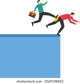 Not a suitable candidate. Businessman nudge partner over the abyss down. Business failure. Nudge. Flat vector illustration

