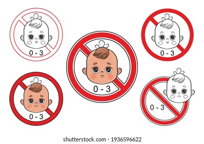 Not Suitable For Children From 0-3 Year Icons Set. Little Boy Face With Caution Sign. Warning Danger For Kids Swallow Small Toy Parts. Choking Hazard. No Safety For Baby Under Three. Vector Label