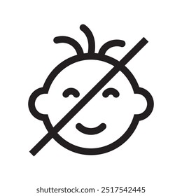 A "not suitable for children" icon featuring a baby face with a diagonal line across it. Perfect for warning labels. Vector illustration.