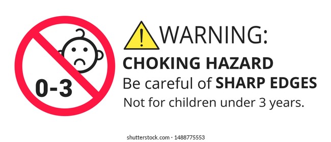 Not suitable for children under 3 years choking hazard forbidden sign sticker isolated on white background vector illustration. Warning triangle and exclamination mark, sharp edges.