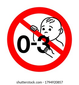 Not suitable for children under 3 years prohibit sign with crossed out baby face and 0-3 - isolated vector packaging information