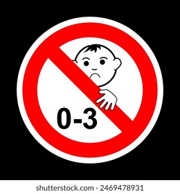 Not suitable for children under 3 years symbol, Silhouette of a child in red circle, Choking hazard forbidden sign sticker, 0-3 year sign, under 3 year sign vector illustration, children under 3 year.