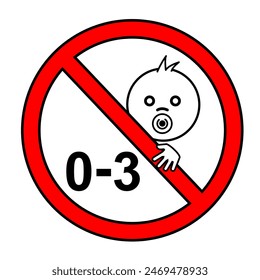 Not suitable for children under 3 years symbol, Silhouette of a child in red circle, Choking hazard forbidden sign sticker, 0-3 year sign, under 3 year sign vector illustration, children under 3 year.