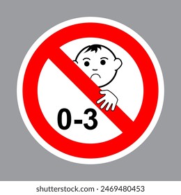 Not suitable for children under 3 years symbol, Silhouette of a child in red circle, Choking hazard forbidden sign sticker, 0-3 year sign, under 3 year sign vector illustration, children under 3 year.