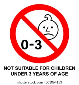 Not suitable for children under 3 years symbol. Silhouette of a child in red circle, isolated on white background, warning sign, vector illustration.