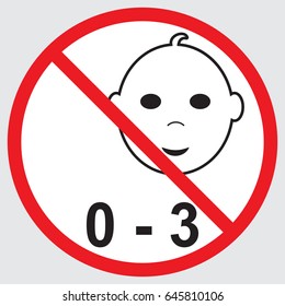 Not suitable for children under 3 years symbol. Silhouette of a child in red circle, isolated on white background, warning sign, vector illustration.