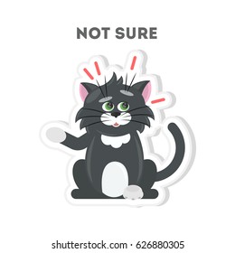 Not sure cat sticker. Isolated cartoon sticker on white background.