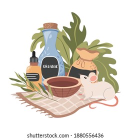Not tested on animal natural organic cosmetics vector flat composition. Bottles with cosmetics and cute little mouse, fresh herbs illustration. Eco spa beauty ingredients for self care.
