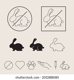 Not tested on animals, icon set. Vector illustration with rabbit. Cruelty free concept. Circle, square, silhouette