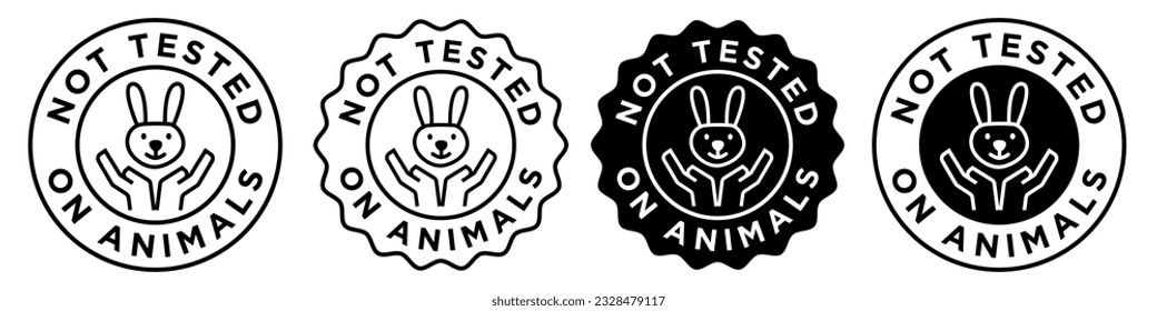 Not tested on animals icon. Cruelty free circular badge style emblem. Vector set collection of no experiment of cosmetics, hair products sign symbol. Rabbit or bunny with hand care mark outlined stamp