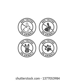 Not tested on animals vector sticker label set. No animal testing badge for cosmetics packaging with rabbit and dog paw.