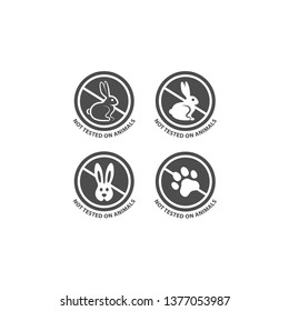 Not tested on animals vector sticker label set. No animal testing badge for cosmetics packaging with rabbit and dog paw.