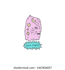 Not today text, cartoon cat antisocial concept. Line drawing doodle comics catoon style illustration. Editable vector art