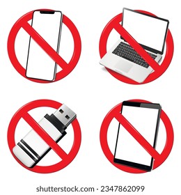 Not use digital devices. Set of prohibition sign. Forbidden signs isolated on white background.