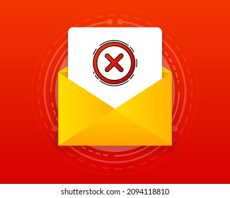 E-Mail-Nachricht nicht Überprüfung. Umschlag mit bestätigtem Dokument auf rotem Hintergrund. Vektorgrafik.