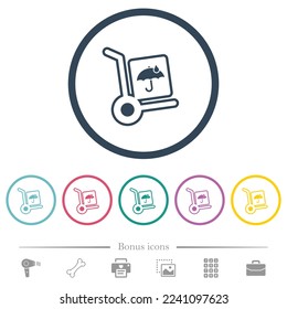 not waterproof parcel delivery outline flat color icons in round outlines. 6 bonus icons included.