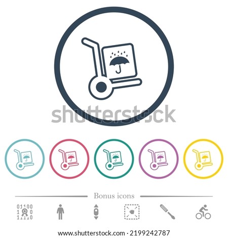 not waterproof parcel delivery outline flat color icons in round outlines. 6 bonus icons included.