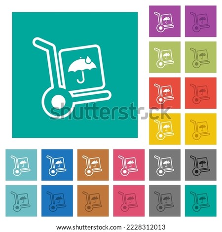 not waterproof parcel delivery outline multi colored flat icons on plain square backgrounds. Included white and darker icon variations for hover or active effects.